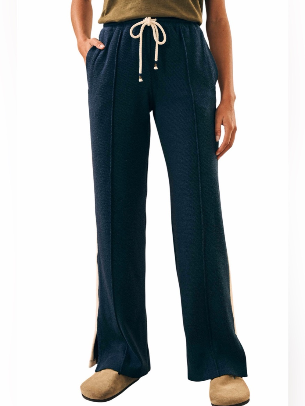 Faherty Legend Lounge Track Pants XS Navy Organic Cotton Wide Leg Side Stripe - Picture 16 of 16